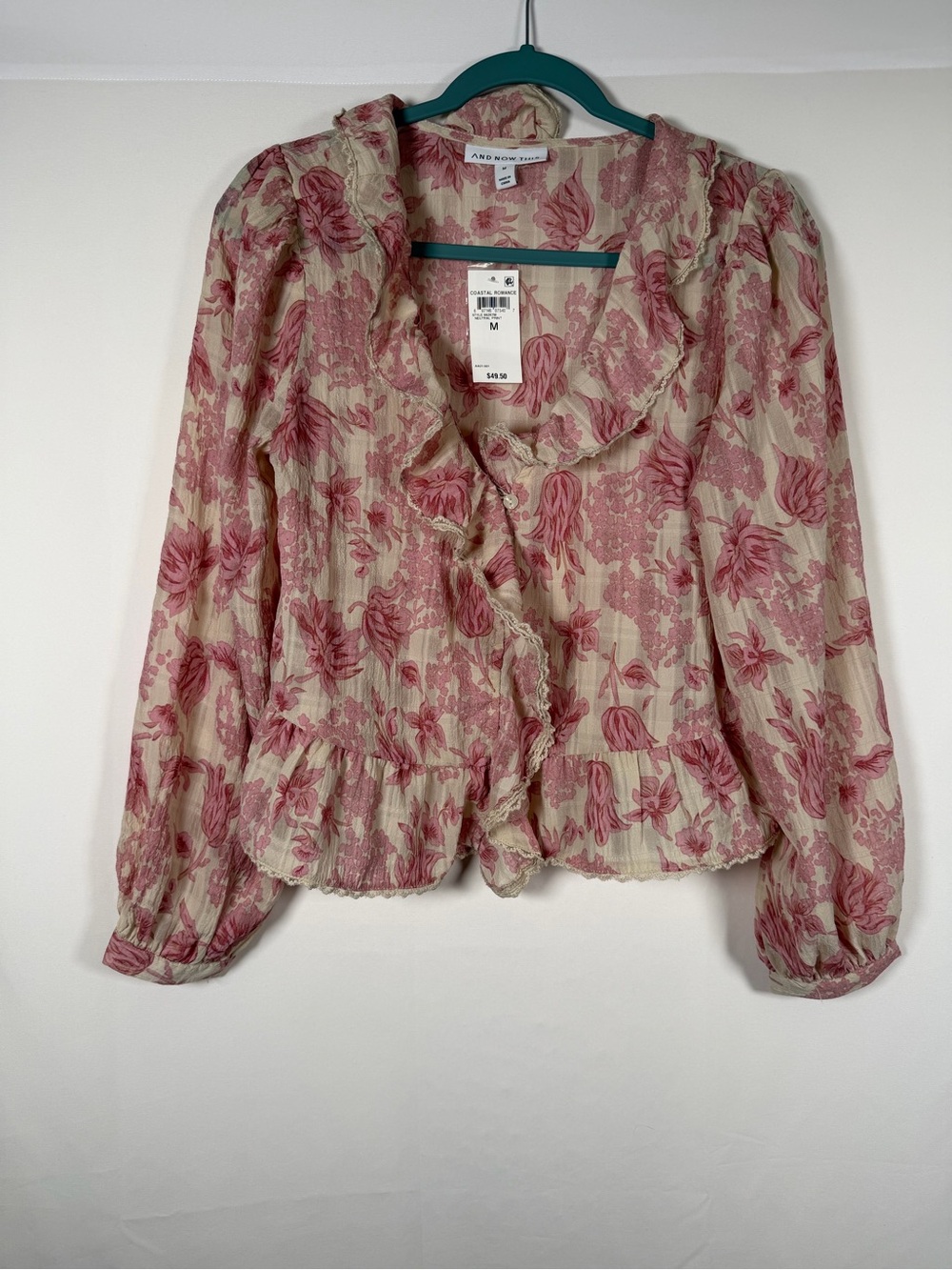 Fairy Cottage Floral Ethereal Lace Lined Ruffle Pink Floral Blouse